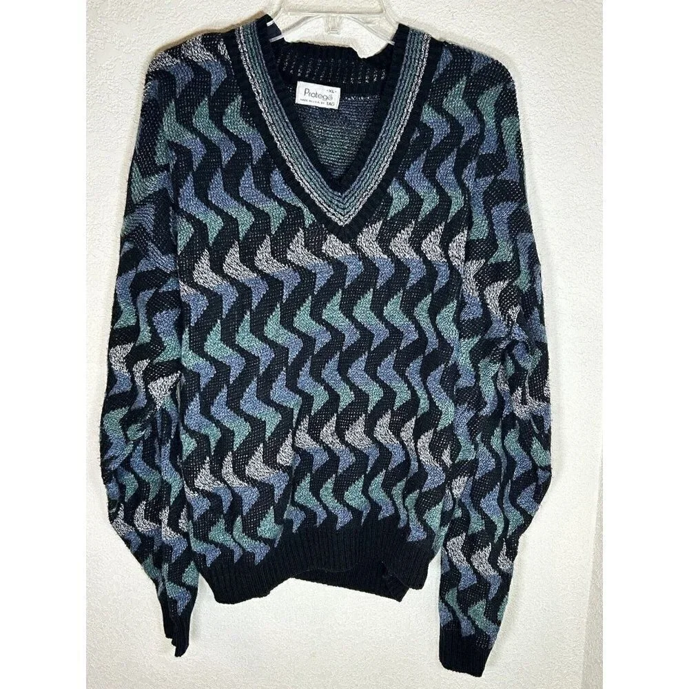 Protege V-Neck Sweater Cosby Grandpa Abstract Stripe Vintage Mens XL Vintage 90s